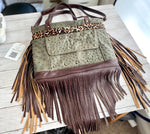 Load image into Gallery viewer, Rhonda&#39;s Custom Archive Mini in Moss Ostrich with Dark Roast cowskin leather accents, Leopard print cowskin top stripe accent, antique brass hardware, and lots of Dark Roast leather fringe on the sides and bottom
