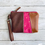 Load image into Gallery viewer, Wristlet in Hand Painted Hearts and Dots in Hot Pink, Chestnut, Bourbon, RTS
