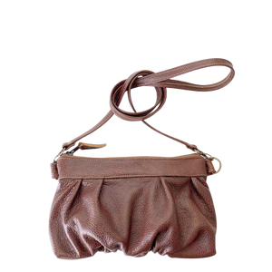 Ruche Clutch in Chestnut brown fullgrain cowskin leather with beautiful pleated detail and crossbody strap