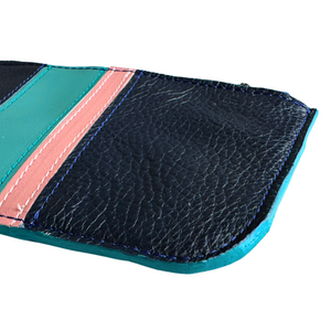 Leather Zipper Pouch in Navy with Turquoise Pink Stripes, Tassel Leather Zipper Pouch in Navy with Turquoise Pink Stripes, Tassel