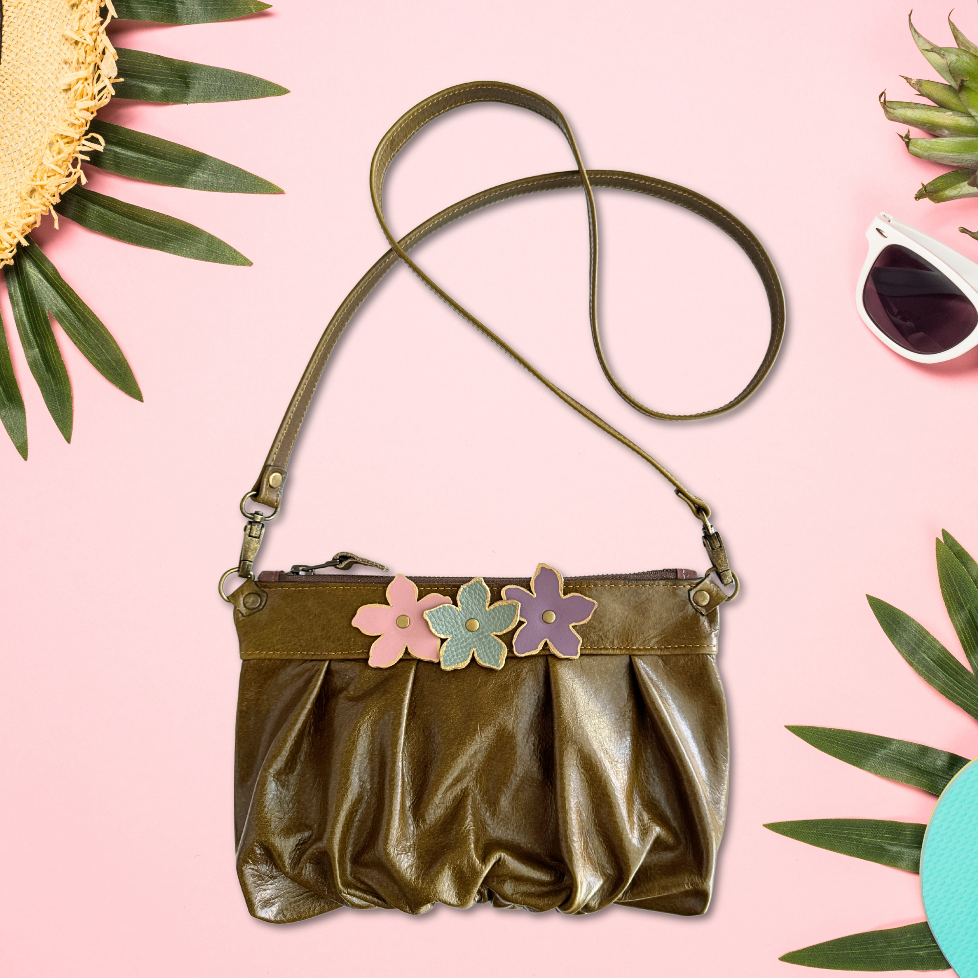 Ruche Clutch in Distressed Olive, Blossom, RTS