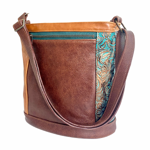 Bucket in Color Block Chestnut, Turquoise Floral Emboss, Bourbon Gold, RTS