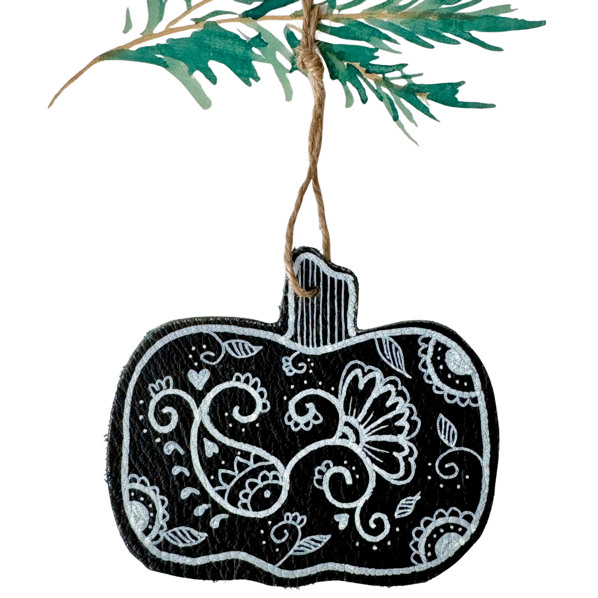 Hand Painted Leather Ornament - Pumpkin in Black