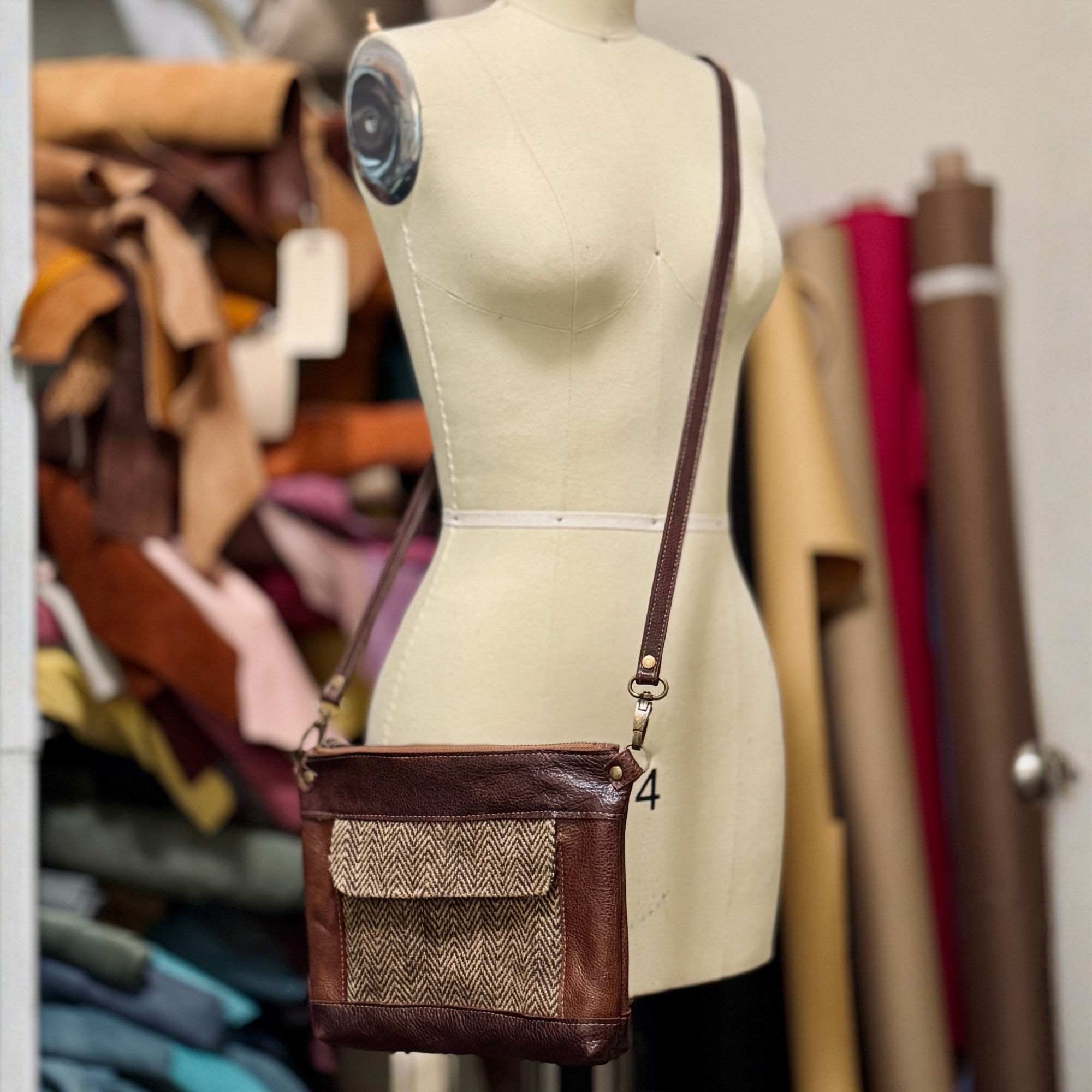 Crossbody Clutch in Coffee Bean Tweed, Chestnut Leather, Dark Roast Leather