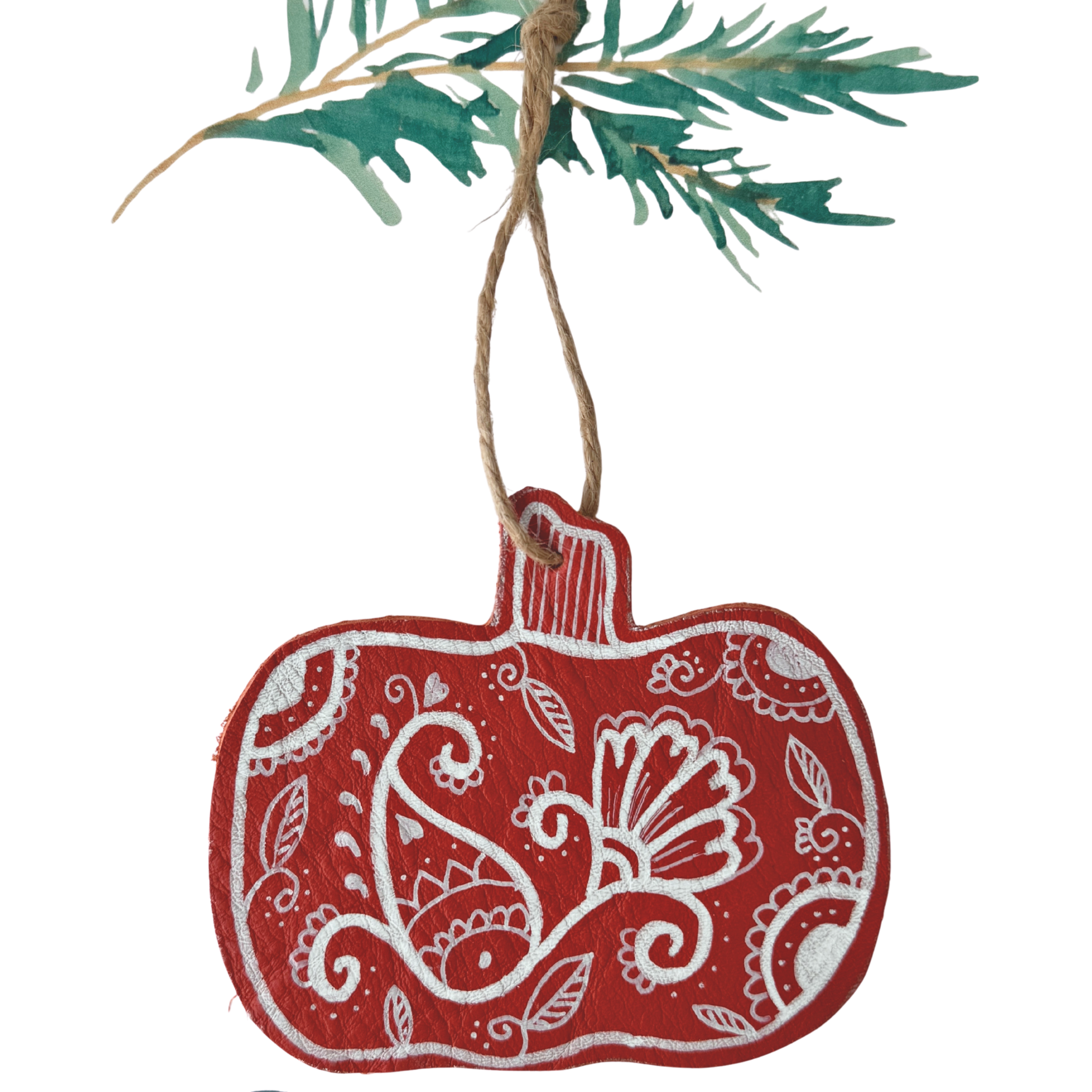 Hand Painted Leather Ornament - Pumpkin in Orange