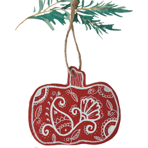 Hand Painted Leather Ornament - Pumpkin in Orange