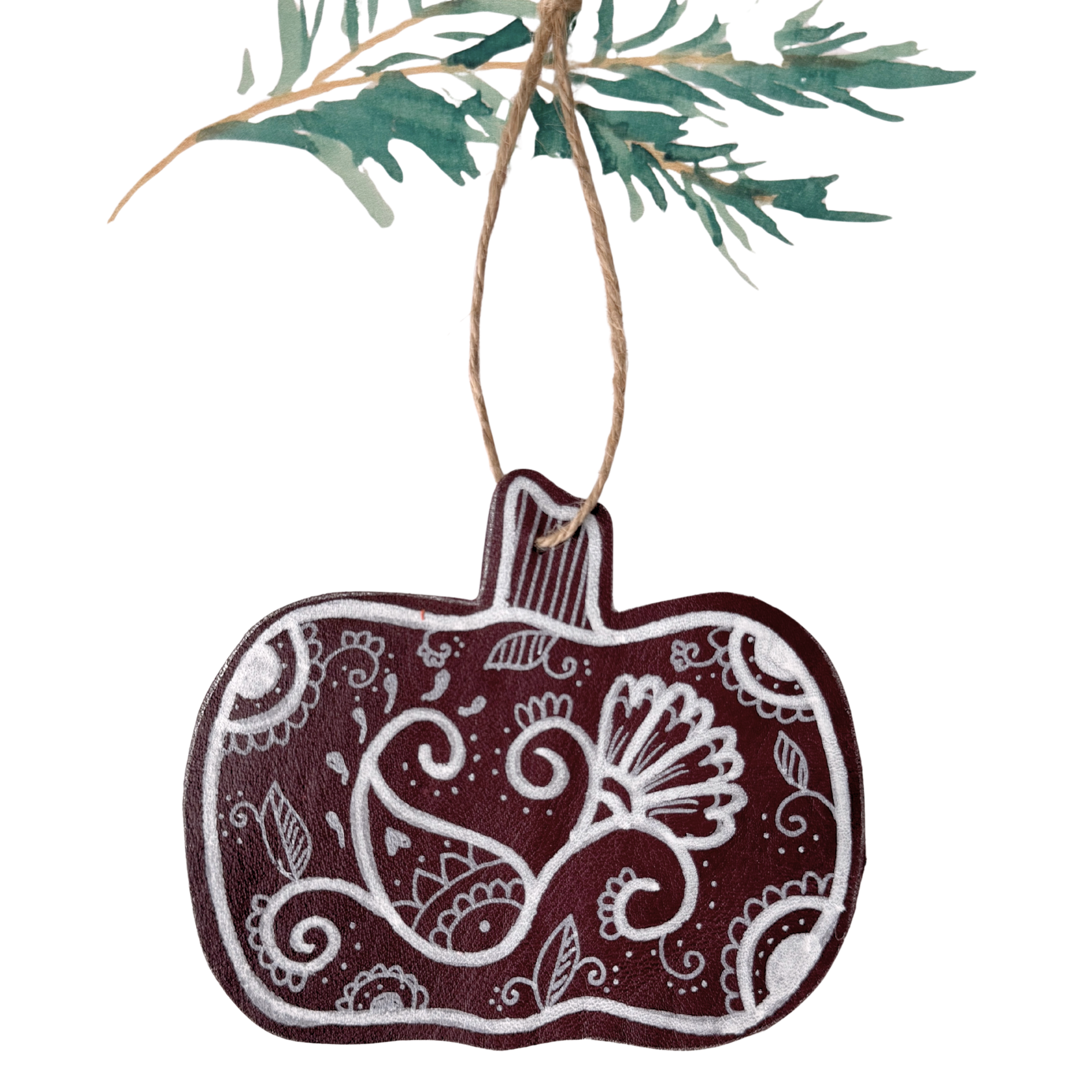 Hand Painted Leather Ornament - Pumpkin in Mulberry