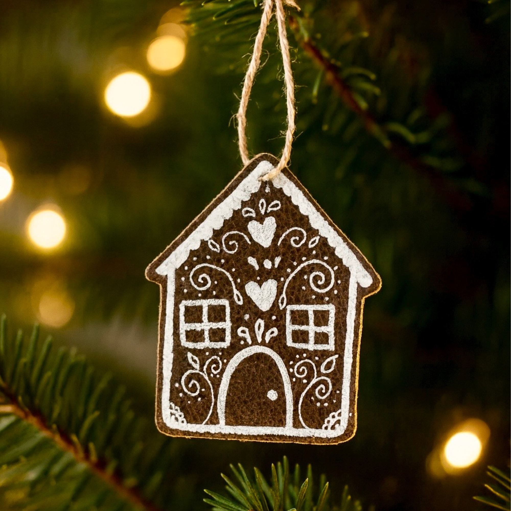 Hand Painted Leather Ornament - Gingerbread House