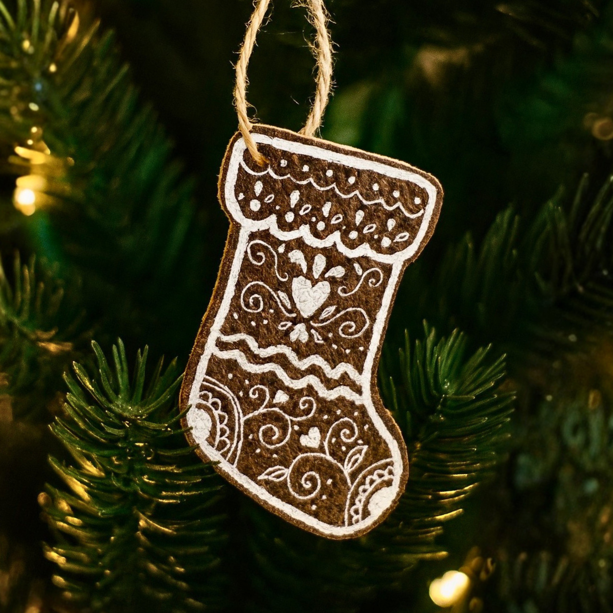 Hand Painted Leather Ornament - Gingerbread Stocking