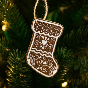 Hand Painted Leather Ornament - Gingerbread Stocking