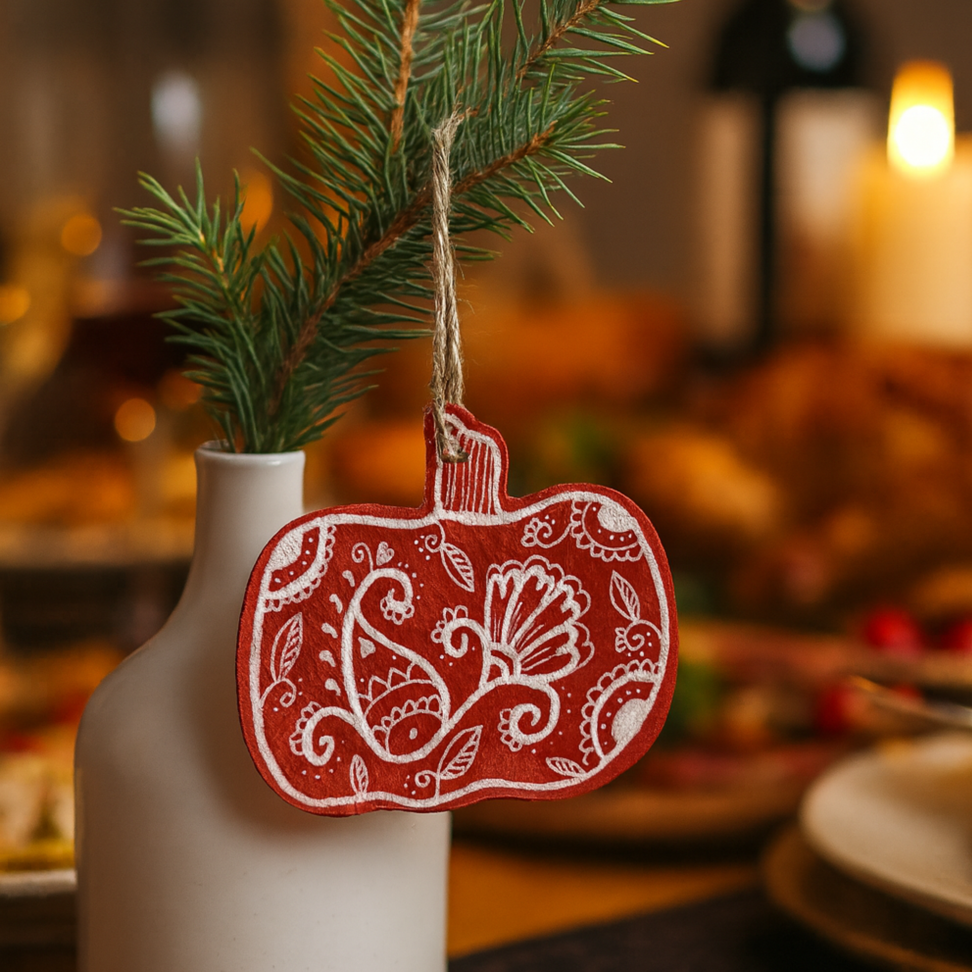 Hand Painted Leather Ornament - Pumpkin in Orange