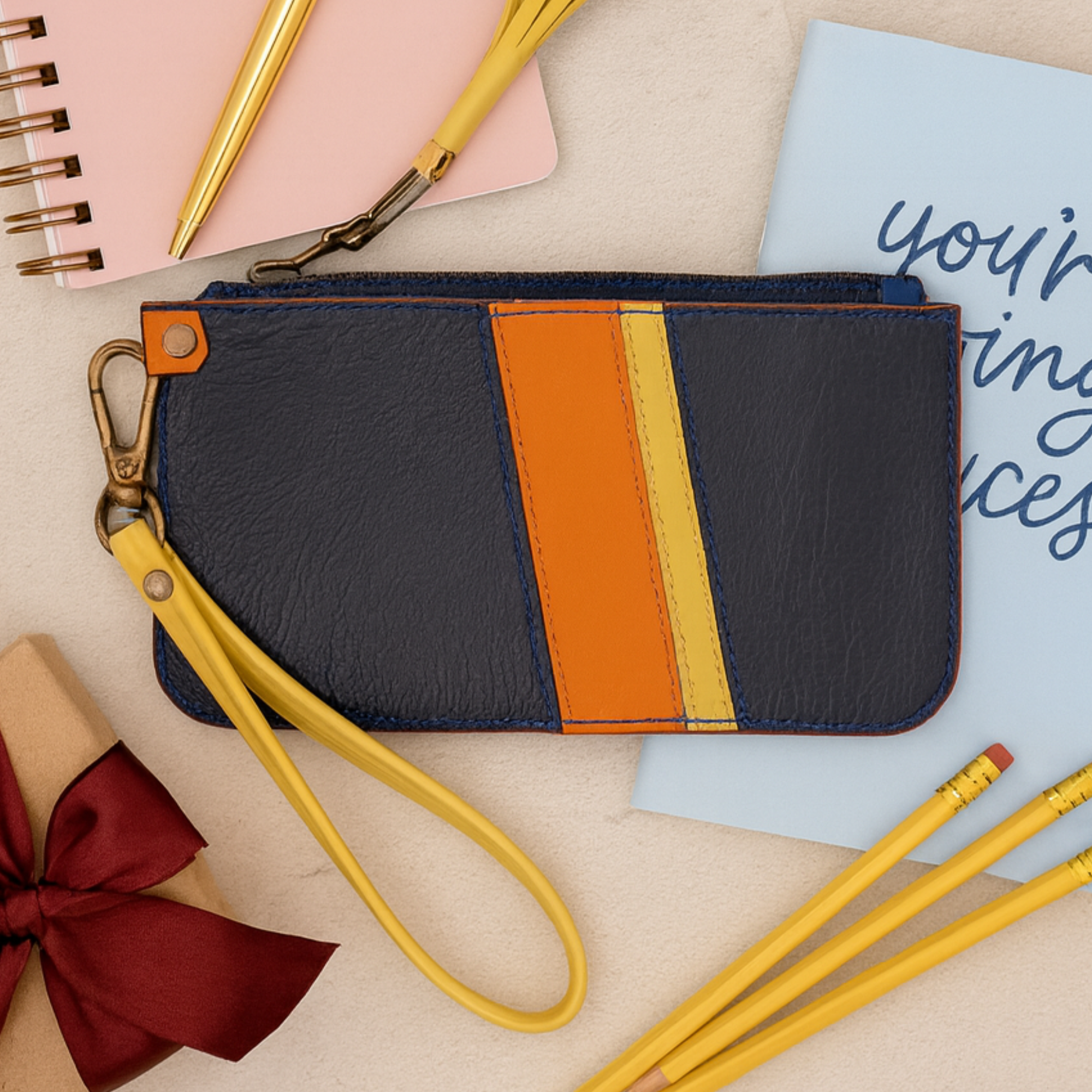 Leather Zipper Pouch in Navy with Orange Yellow Stripes, Tassel Zipper, and Wristlet Strap, RTS