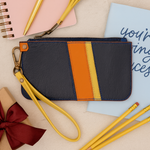 Load image into Gallery viewer, Leather Zipper Pouch in Navy with Orange Yellow Stripes, Tassel Zipper, and Wristlet Strap, RTS
