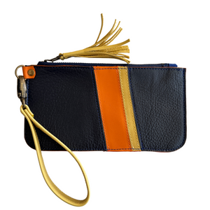 Leather Zipper Pouch in Navy with Orange Yellow Stripes, Tassel Zipper, and Wristlet Strap, RTS