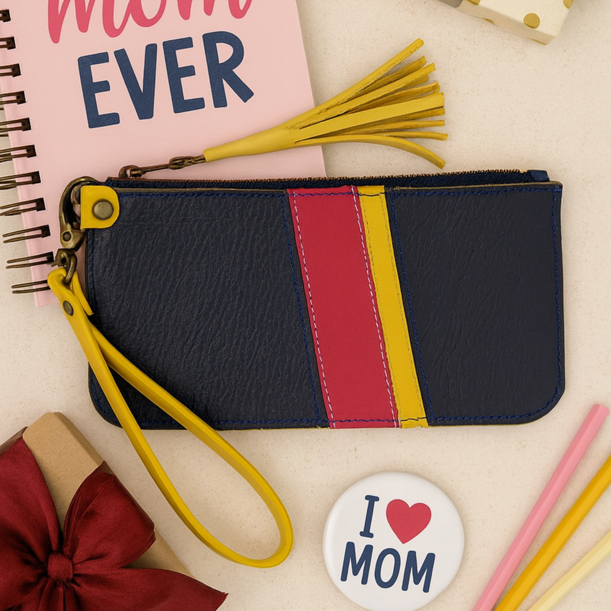 Leather Zipper Pouch in Navy with Pink Yellow Stripes, Tassel Zipper, and Wristlet Strap, RTS