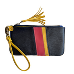 Load image into Gallery viewer, Leather Zipper Pouch in Navy with Pink Yellow Stripes, Tassel Zipper, and Wristlet Strap, RTS
