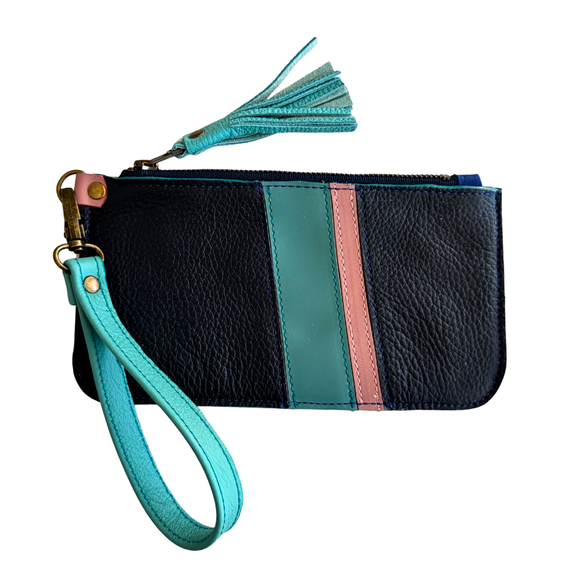 Leather Zipper Pouch in Navy with Turquoise Pink Stripes, Tassel Zipper, and Wristlet Strap, RTS