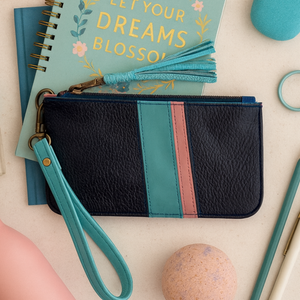Leather Zipper Pouch in Navy with Turquoise Pink Stripes, Tassel Zipper, and Wristlet Strap, RTS