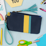Load image into Gallery viewer, Leather Zipper Pouch in Navy with Yellow Turquoise Stripes, Tassel Zipper, and Wristlet Strap, RTS
