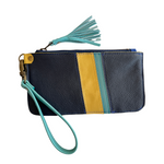 Load image into Gallery viewer, Leather Zipper Pouch in Navy with Yellow Turquoise Stripes, Tassel Zipper, and Wristlet Strap, RTS
