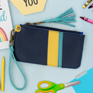 Leather Zipper Pouch in Navy with Yellow Turquoise Stripes, Tassel Zipper, and Wristlet Strap, RTS