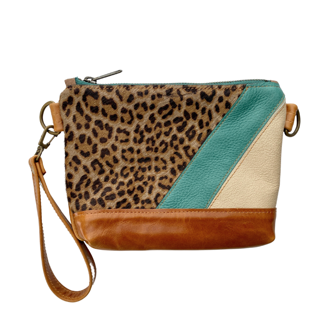 Wristlet in Patchwork Leopard, Wheat, Turquoise, Bourbon, Crossbody Strap, RTS