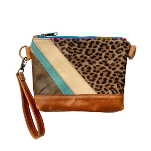 Wristlet in Patchwork Leopard, Wheat, Turquoise, Bourbon, Crossbody Strap, RTS