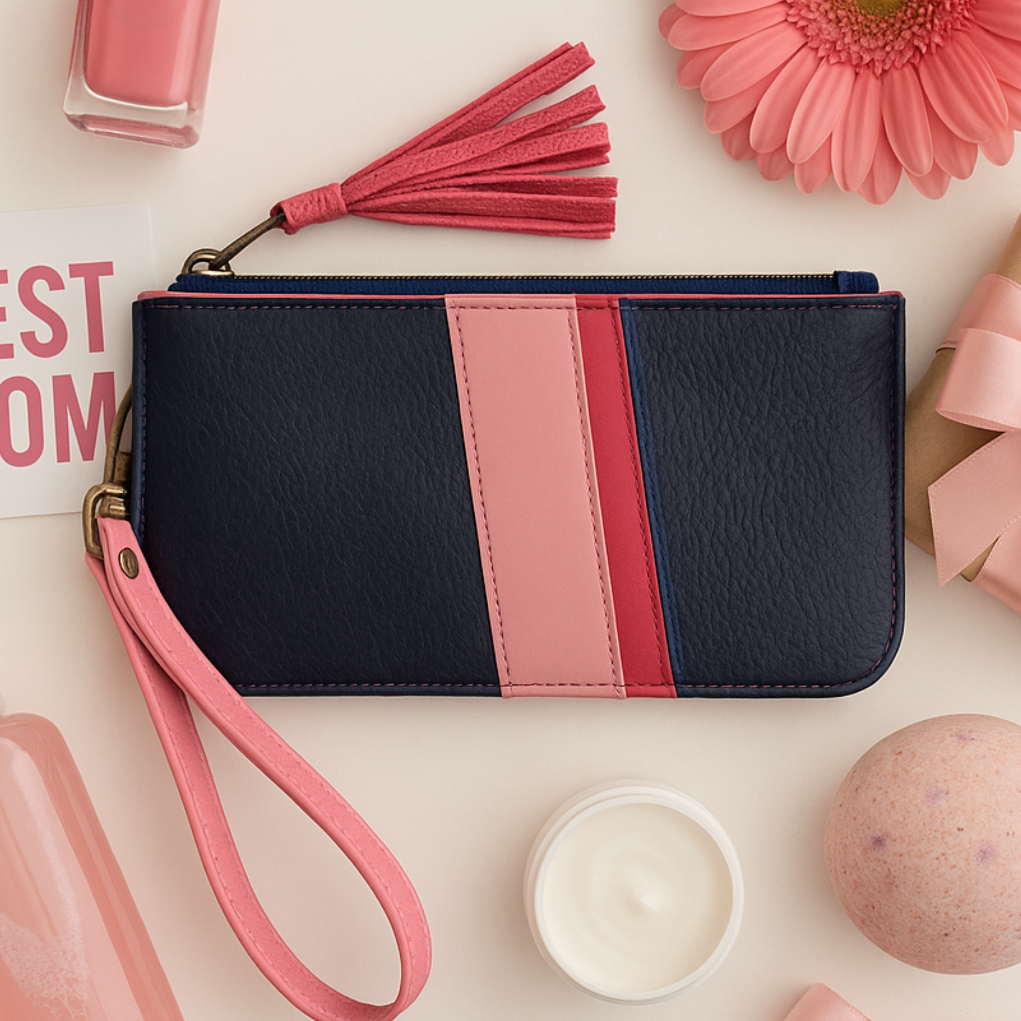 Leather Zipper Pouch in Navy with Pink Stripes, Tassel Zipper, and Wristlet Strap, RTS