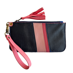 Load image into Gallery viewer, Leather Zipper Pouch in Navy with Pink Stripes, Tassel Zipper, and Wristlet Strap, RTS
