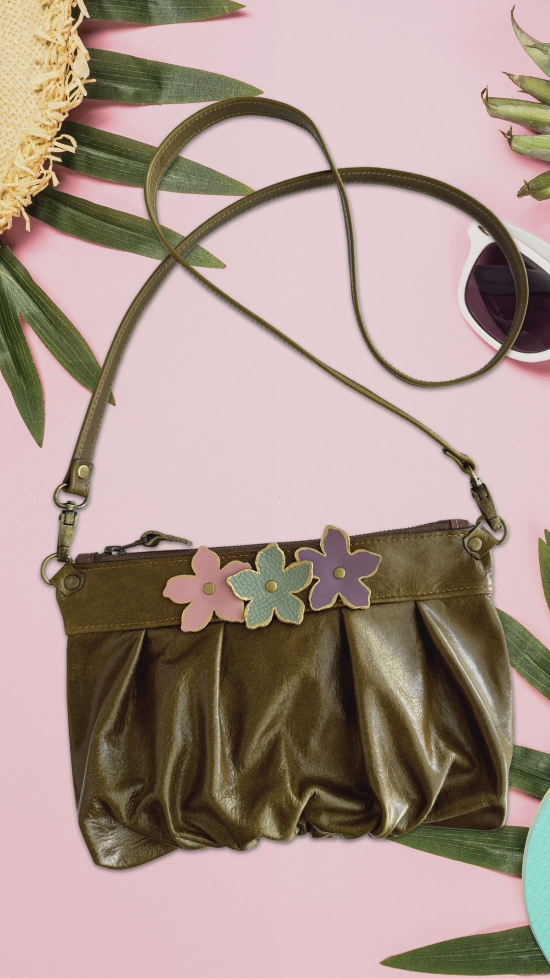 Ruche Clutch in Distressed Olive, Blossom, RTS
