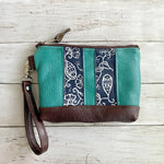 Load image into Gallery viewer, Wristlet in Turquoise, Navy Handpainted Floral, Dark Roast
