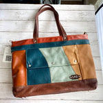 Load image into Gallery viewer, Custom Archive Plus in Retro Patchwork in Copper, Dark Teal, Ocean Mint, Camel, and Chestnut leather with nickel hardware and monogram
