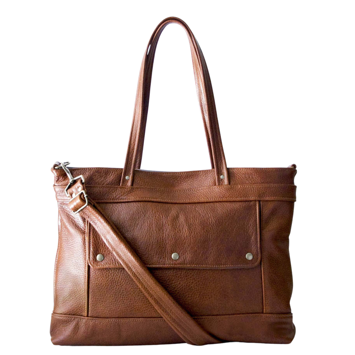 Leather Laptop Tote Bag in Chestnut brown leather, nickel hardware, tote handles, fully adjustable and removable crossbody strap