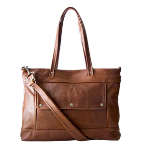 Leather Laptop Tote Bag in Chestnut brown leather, nickel hardware, tote handles, fully adjustable and removable crossbody strap