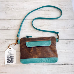 Crossbody Clutch in Antique Brown, Turquoise