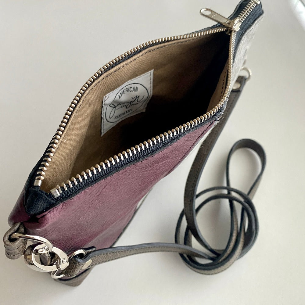 Crossbody Clutch in Mulberry, Acid Wash Silver, Smoke Patchwork, RTS