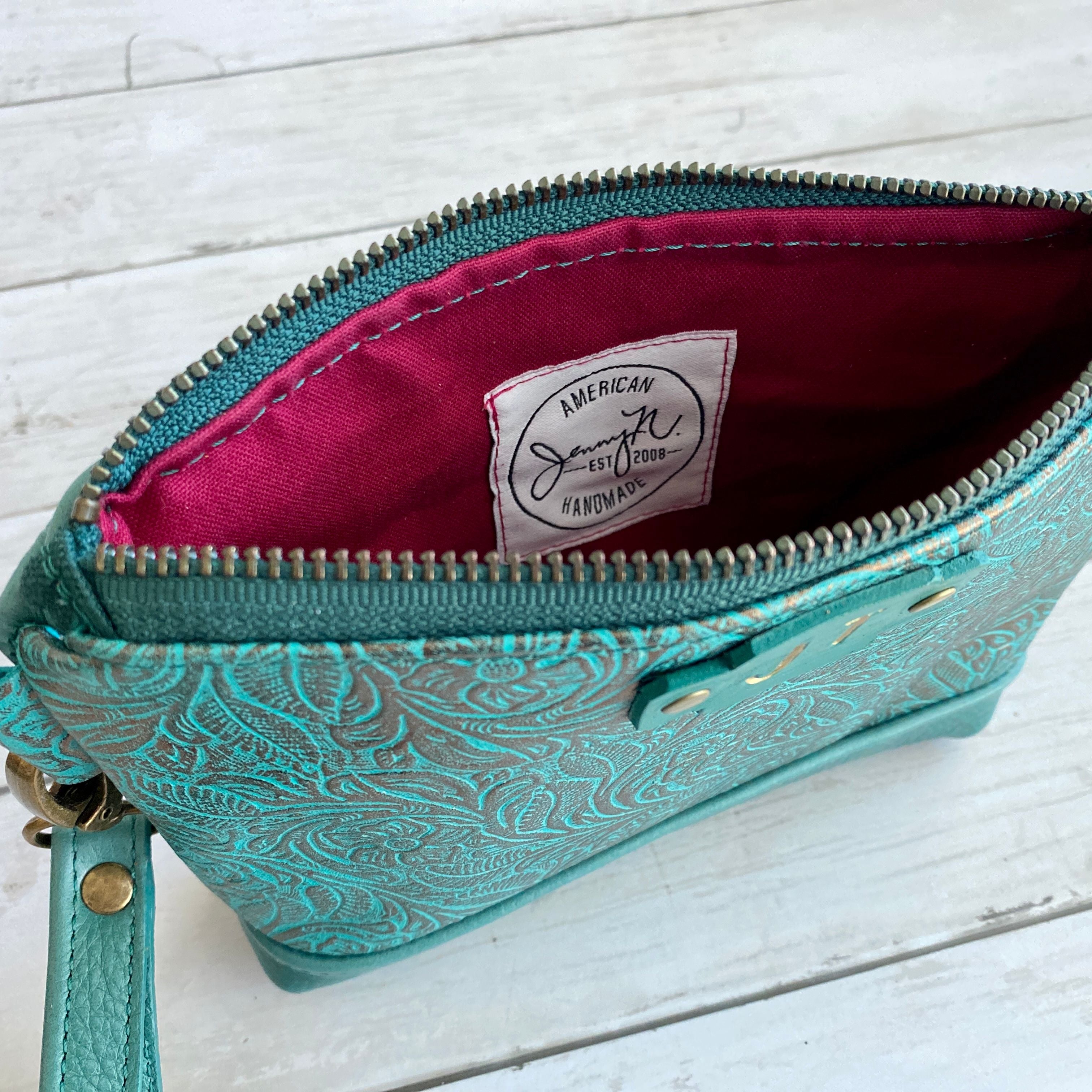 Wristlet in Turquoise, Turquoise Embossed Floral
