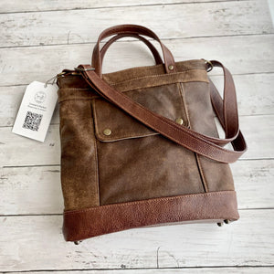 Connie's Custom Packet Crossbody bag in Antique Brown Leather with Chestnut Leather Accents, antique brass hardware.