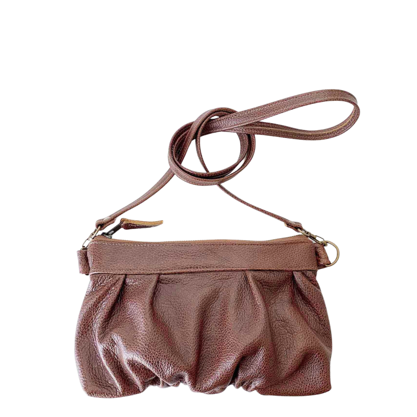 Ruche Clutch in Chestnut brown fullgrain cowskin leather with beautiful pleated detail and crossbody strap