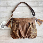 Load image into Gallery viewer, Ruche Mini Pleated Hobo in Antique Brown Leather with Gold Handpainted Floral Detail, Antique Brass Studs, and Dark Roast Tassels
