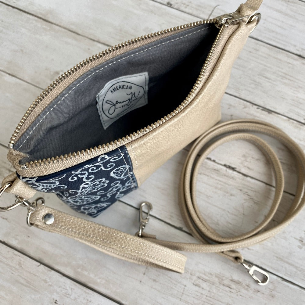 Wristlet in Hand Painted Floral Navy, Wheat, Crossbody Strap