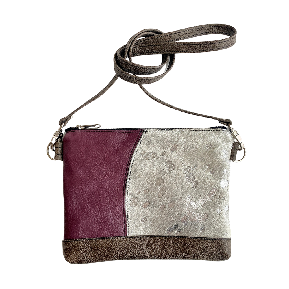 Crossbody Clutch in leather patchwork Mulberry, Acid Wash Silver Hair-on, and Smoke cowskin leather.