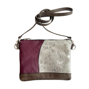 Crossbody Clutch in leather patchwork Mulberry, Acid Wash Silver Hair-on, and Smoke cowskin leather.