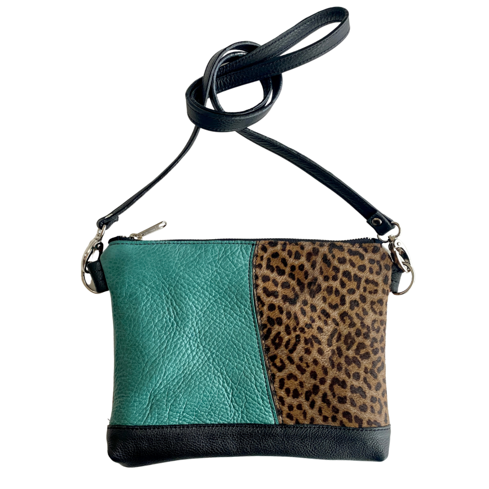 Crossbody Clutch in Turquoise, Leopard, Onyx Patchwork, RTS