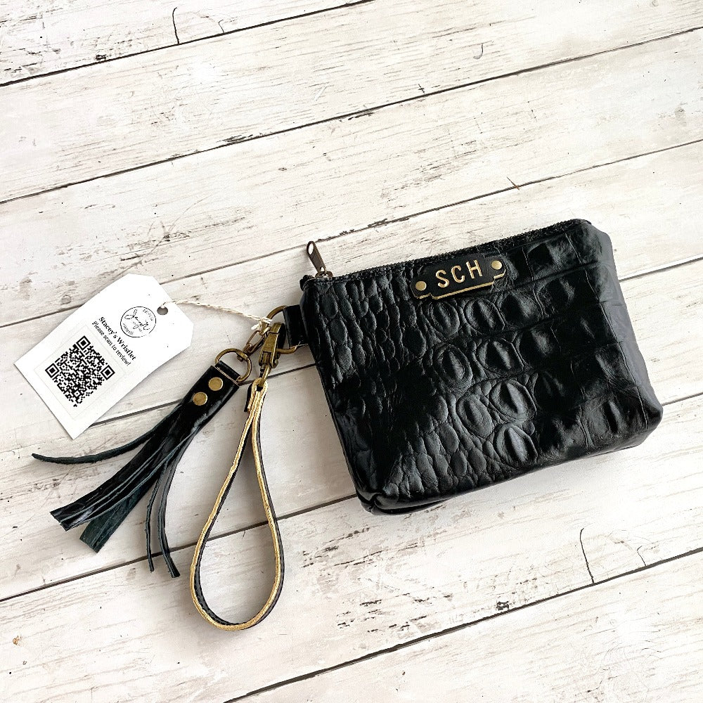 Stacey's Custom Wristlet in Black Crocodile Embossed leather with tassel, monogram, and edged in gold leather paint