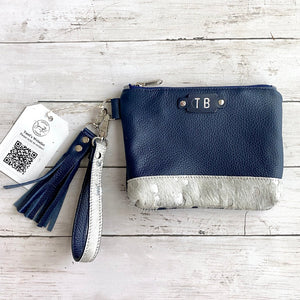 Tutti's Custom Wristlet in Navy leather with silver acid wash hair on hide accent, tassel, and monogram