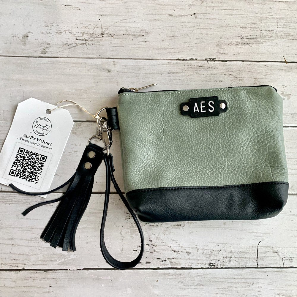 April's Custom Wristlet in Ocean Mint with Black smooth leather accent and tassel, nickel hardware and monogram