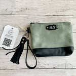 Load image into Gallery viewer, April&#39;s Custom Wristlet in Ocean Mint with Black smooth leather accent and tassel, nickel hardware and monogram
