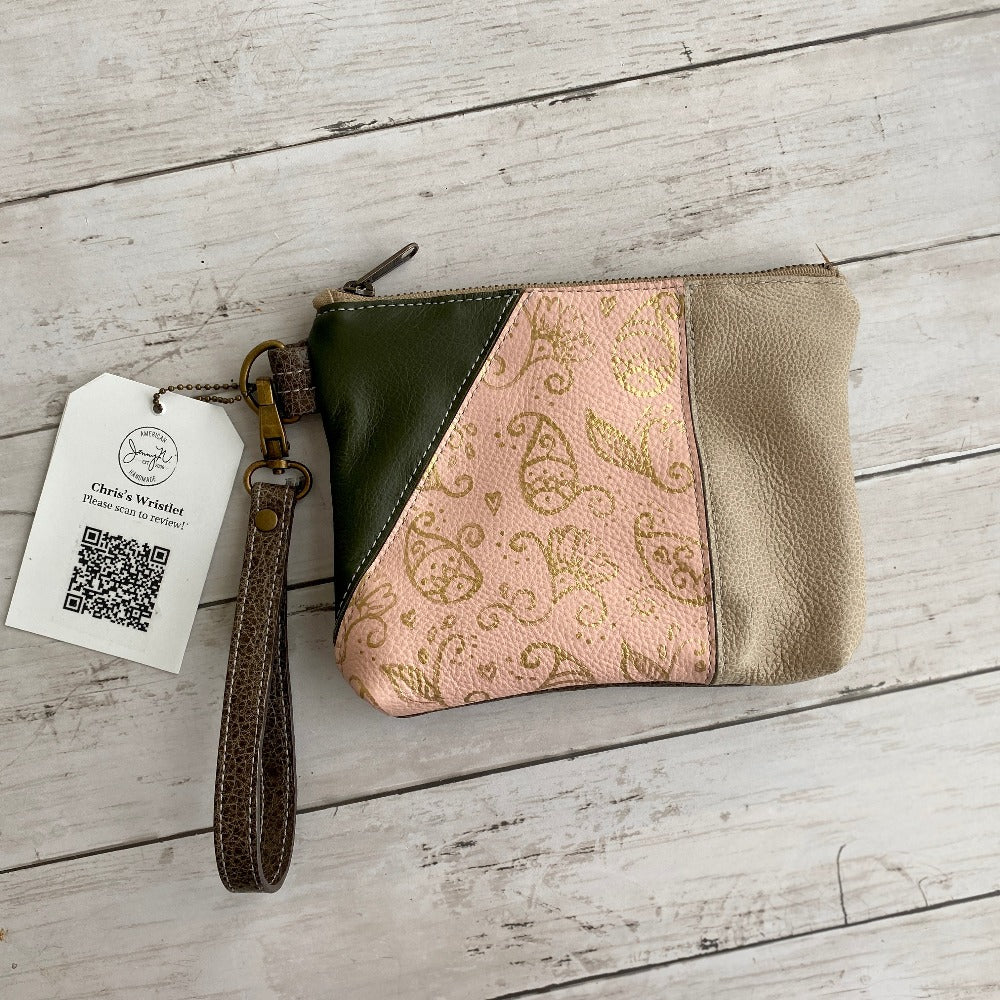 Chris's Custom Wristlet in Patchwork of Olive, Rose Blush, Wheat, and Smoke leather with handpainted floral design on Rose Blush, antique brass hardware.