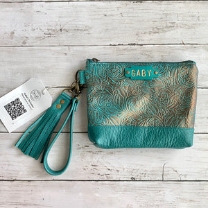 Wristlet in Turquoise, Turquoise Embossed Floral